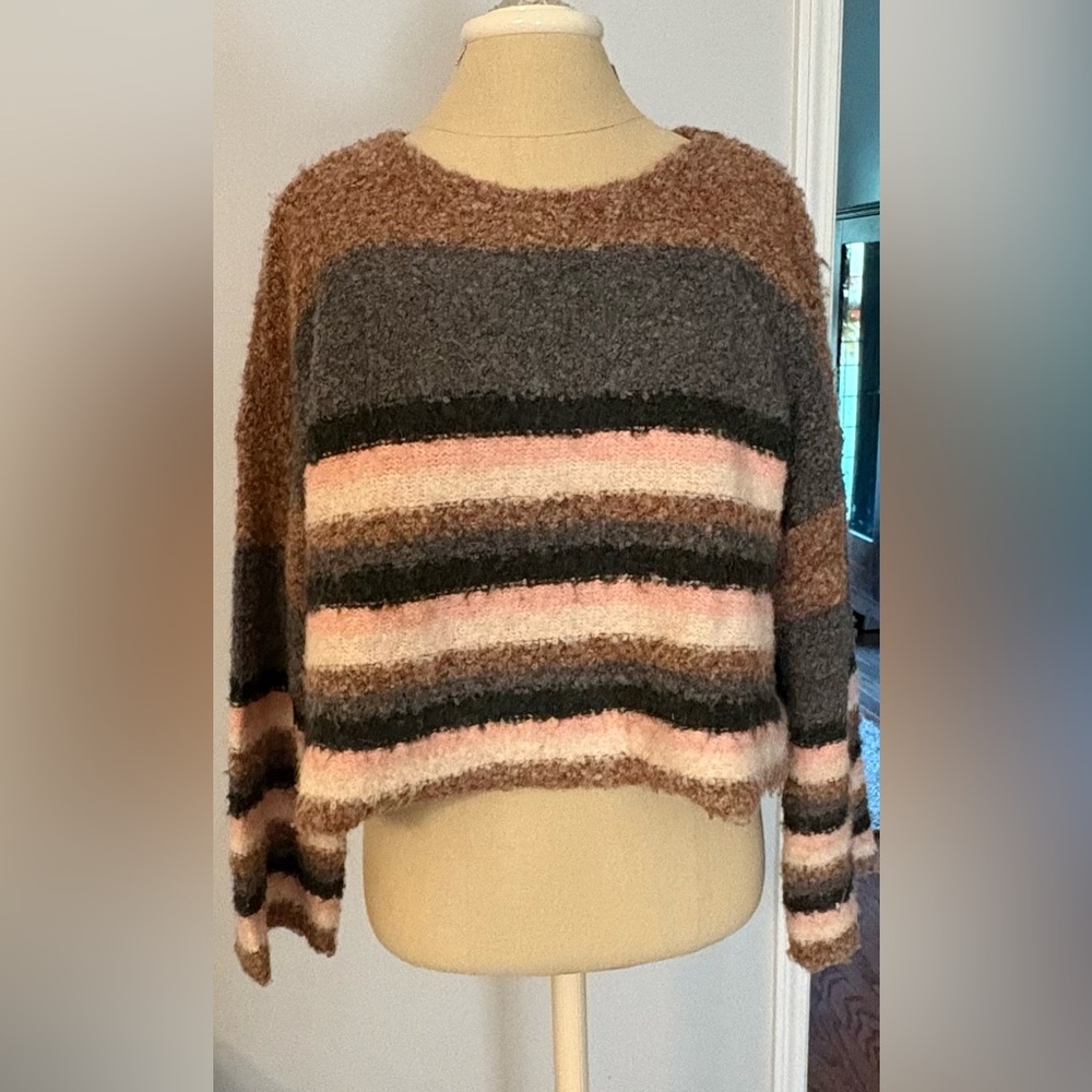 Mustard Seed Women's Striped Cropped Sweater - Brown, Pink, Gray